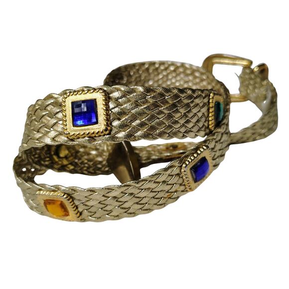 1990s Vintage Omega Metallic Gold Weave Belt Colorful Stone Accents Size Medium - Picture 1 of 7